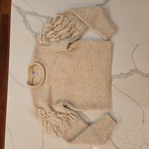Amuse Society Womens Fringe Poof Sleeve Knit Sweater Cream Tan Size XS